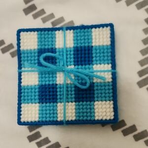 Handmade Blue and White Checkered Coaster Set